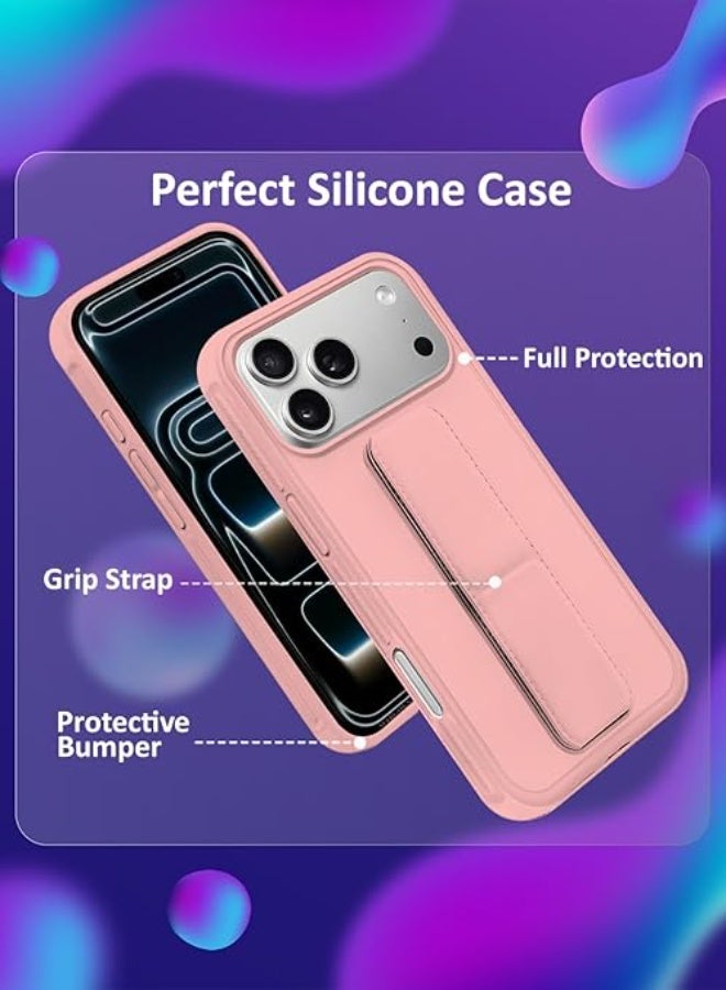 Case for iPhone 17 Pro Back Stand Case Magnetic Grip Car Holder Soft Silicone Kickstand Cover Wrist Strap Full protection Anti-Fingerprint Case for iPhone 17 Pro Pink - Image 5